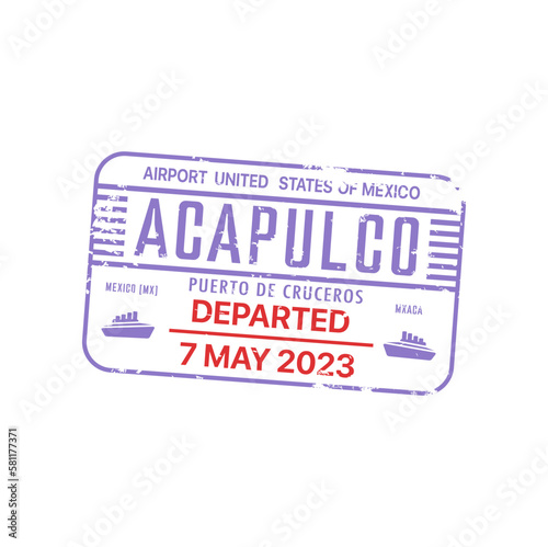 Acapulco departed visa stamp, international airport sign. Vector immigration official stamp to Mexican country. Mexico travel border control insignia