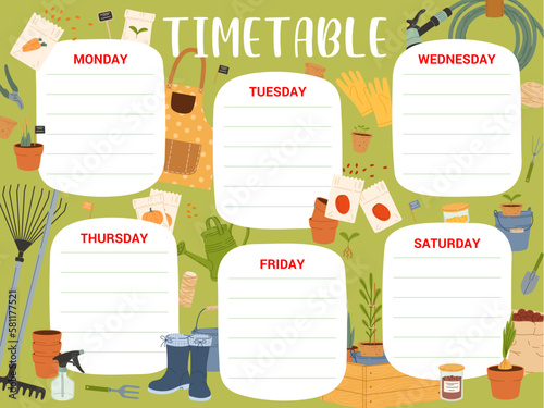 Timetable schedule, farm and gardening tools, vector education lessons plan. Kids school timetable schedule with farmer equipment, spade and rake, seeds box or watering can and gardening items