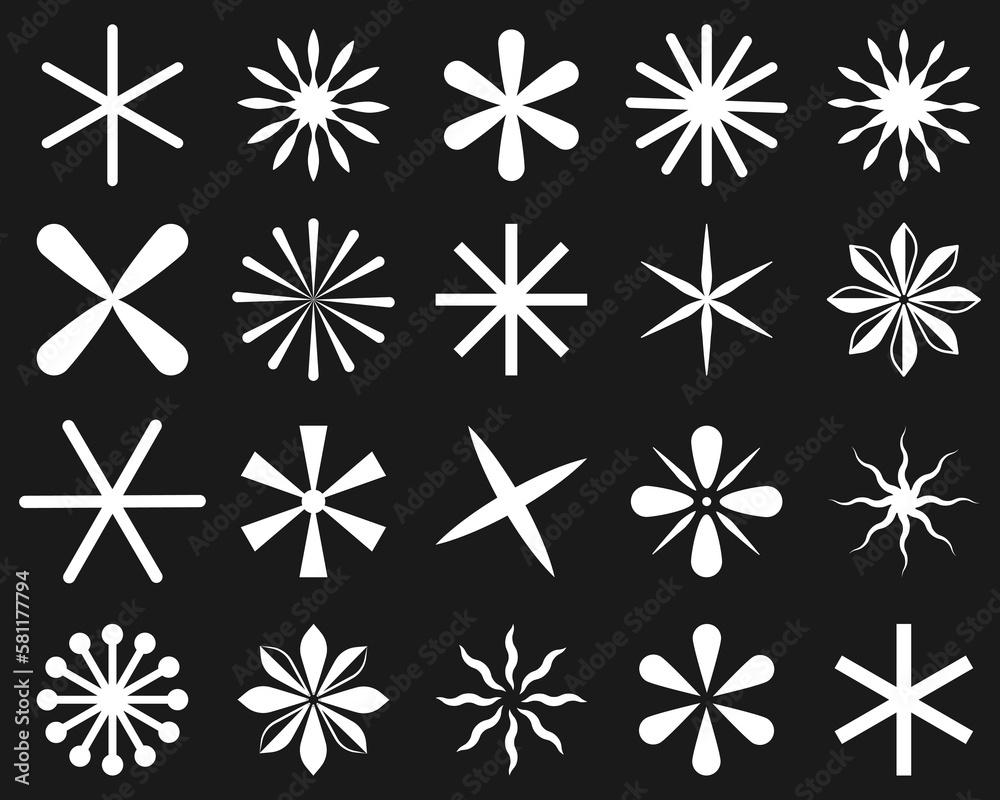 Set of white asterisks icons. Vector illustration isolated on black background - obrazy, fototapety, plakaty 