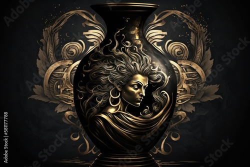 Ananke Greek Mythology God Black Gold Vase by Generative AI