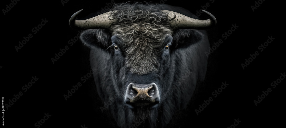Naklejka premium Portrait of black bull on black background with copy space. animal wildlife. digital art 