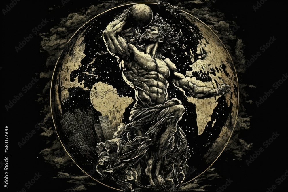 Atlas Greek Mythology God Black Gold Vase by Generative AI Stock