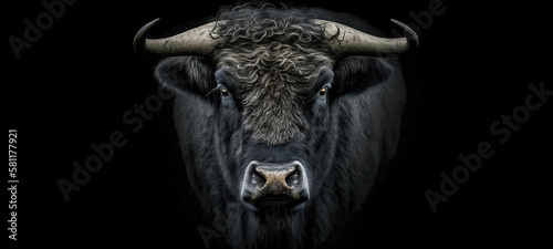 Portrait of black bull on black background with copy space. animal wildlife. digital art 