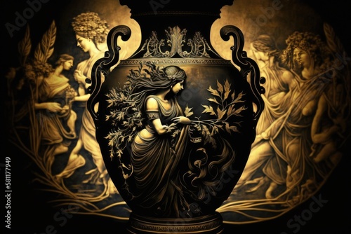 Bia Greek Mythology God Black Gold Vase by Generative AI photo