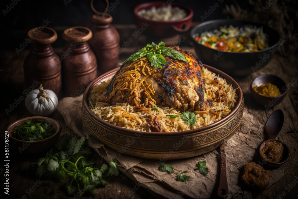 Saudi Arabian dish chicken kabsa with rice mandi Illustration AI Generative. Saudi Arabian dish chicken kabsa with rice mandi Illustration AI Generative.