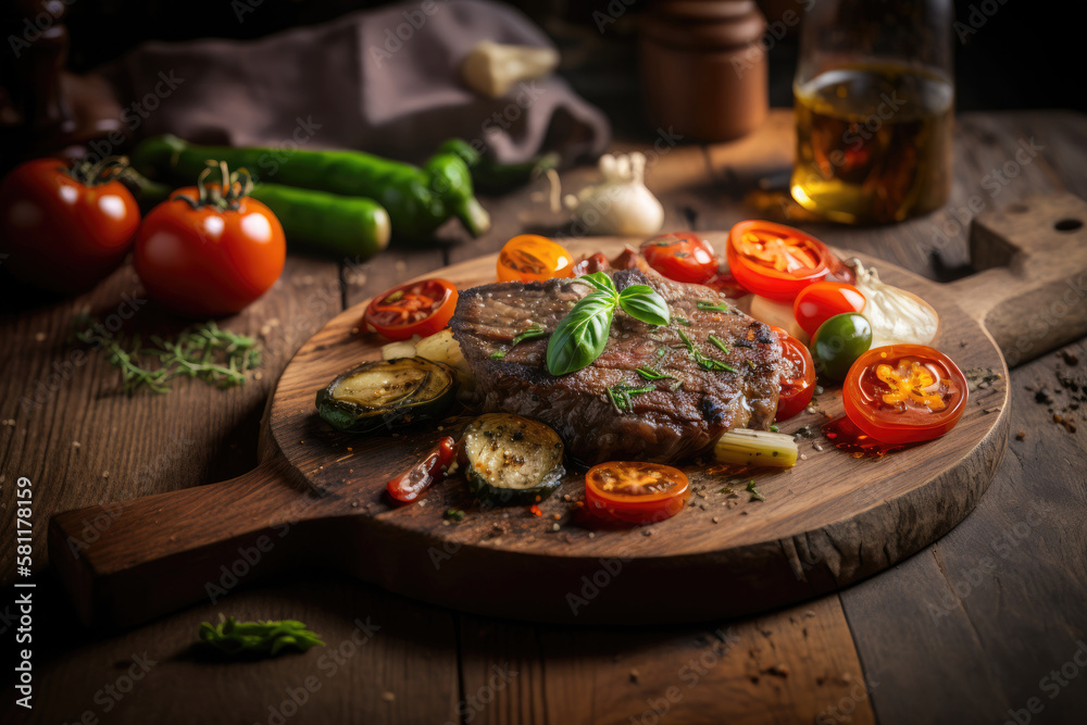 Juicy portions of fried steak fillet with tomatoes Illustration AI Generative. Juicy portions of fried steak fillet with tomatoes Illustration AI Generative.