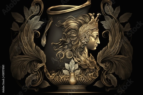 Eileithyia Greek Mythology God Black Gold Vase by Generative AI photo