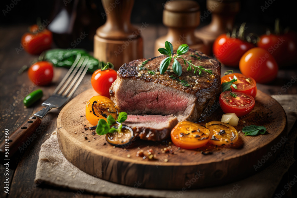 Juicy portions of fried steak fillet with tomatoes Illustration AI Generative. Juicy portions of fried steak fillet with tomatoes Illustration AI Generative.