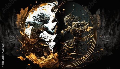 Greek Mythology Gods Battle Black Gold Vase by Generative AI photo