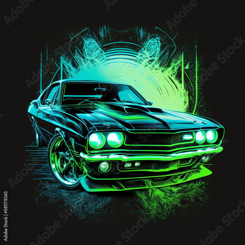 colorful neon american muscle car, Generative AI