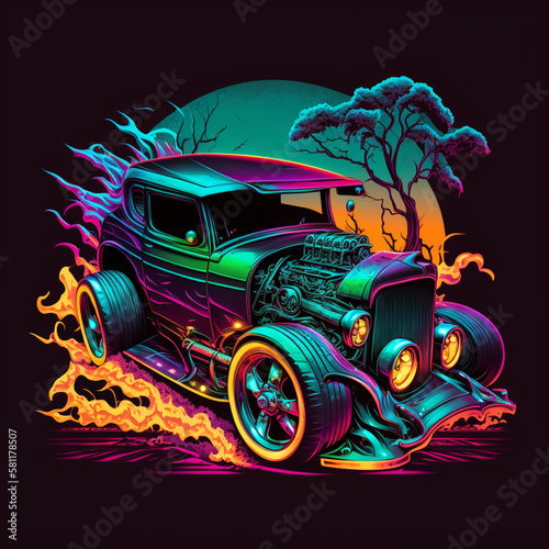 colorful neon hot rod car, Generative AI