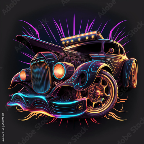 colorful neon hot rod car, Generative AI