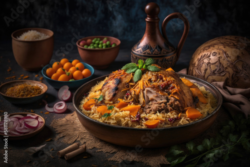 Saudi Arabian dish chicken kabsa with rice mandi Illustration AI Generative. photo