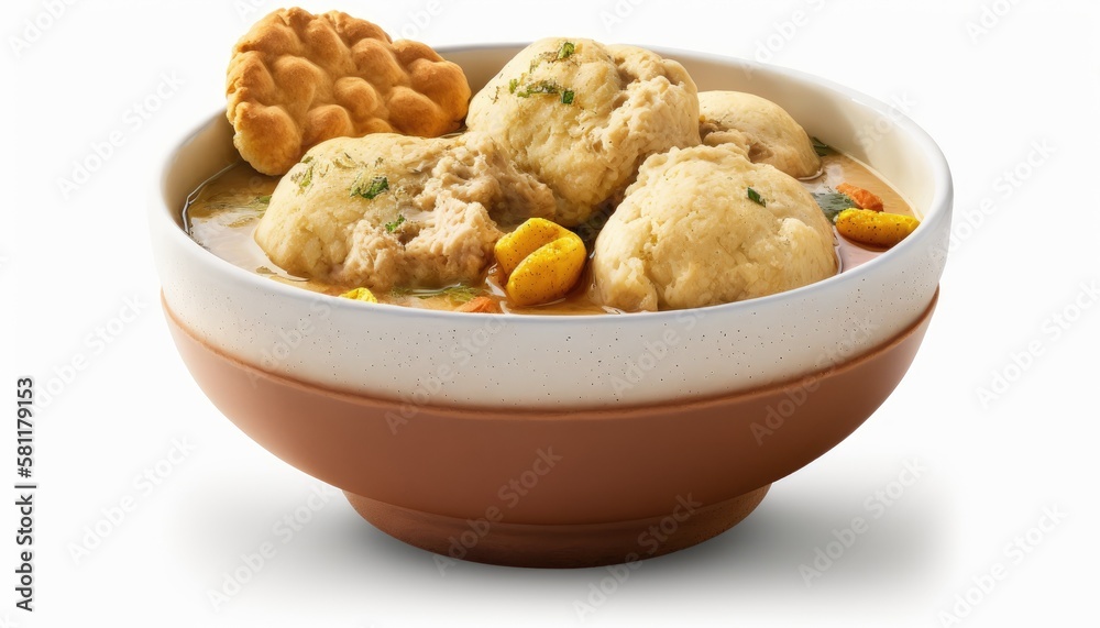 A bowl of chicken and dumplings with biscuits on White Background with copy space for your text created with generative AI technology