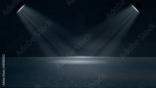 The dark stage shows  dark blue background  an empty dark scene  neon light  and spotlights The concrete floor and studio room with smoke float up the interior texture for display products