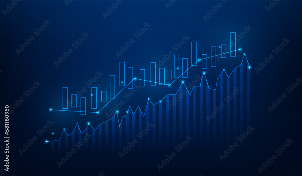 business candlestick graph investment growth up. trading market increase on blue dark background. finance economics chart statistics. vector illustration fantastic technology digital.