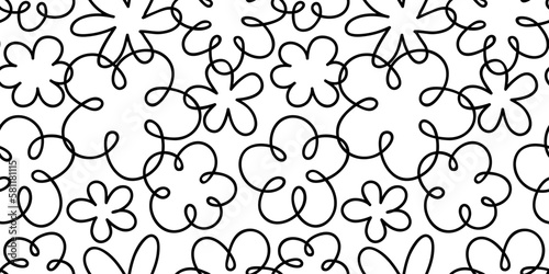 Black and white floral seamless pattern illustration. Vintage 70s style hippie flower background design. Y2k nature backdrop with daisy flowers.