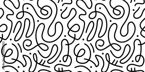 Fun black and white line doodle seamless pattern. Creative abstract squiggle style drawing background for children or trendy design with basic shapes. Simple childish scribble wallpaper print.