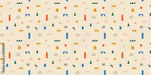 Fun colorful doodle seamless pattern. Creative minimalist style art background for children or trendy design with geometric shapes. Simple childish backdrop.
