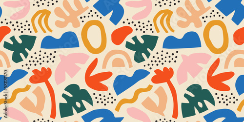 Abstract organic shape seamless pattern with colorful freehand doodles. Organic flat cartoon background, simple random shapes in bright childish colors. 