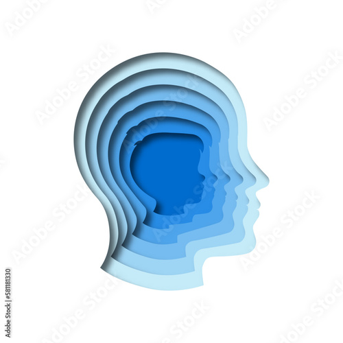 Papercut illustration of kid aging to man. Growing up paper cut concept, little boy changing through time, adult transformation of male character. Realistic 3D human head cutout.