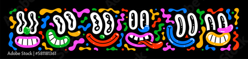 Colorful retro cartoon face illustration set. Vintage style eye and happy faces reaction sticker collection. Funny psychedelic character smiling, modern flat drawing art.