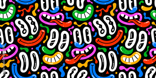 Colorful retro cartoon faces seamless pattern illustration. Funny character art background with happy expression reaction. Vintage drawing doodle wallpaper print texture.