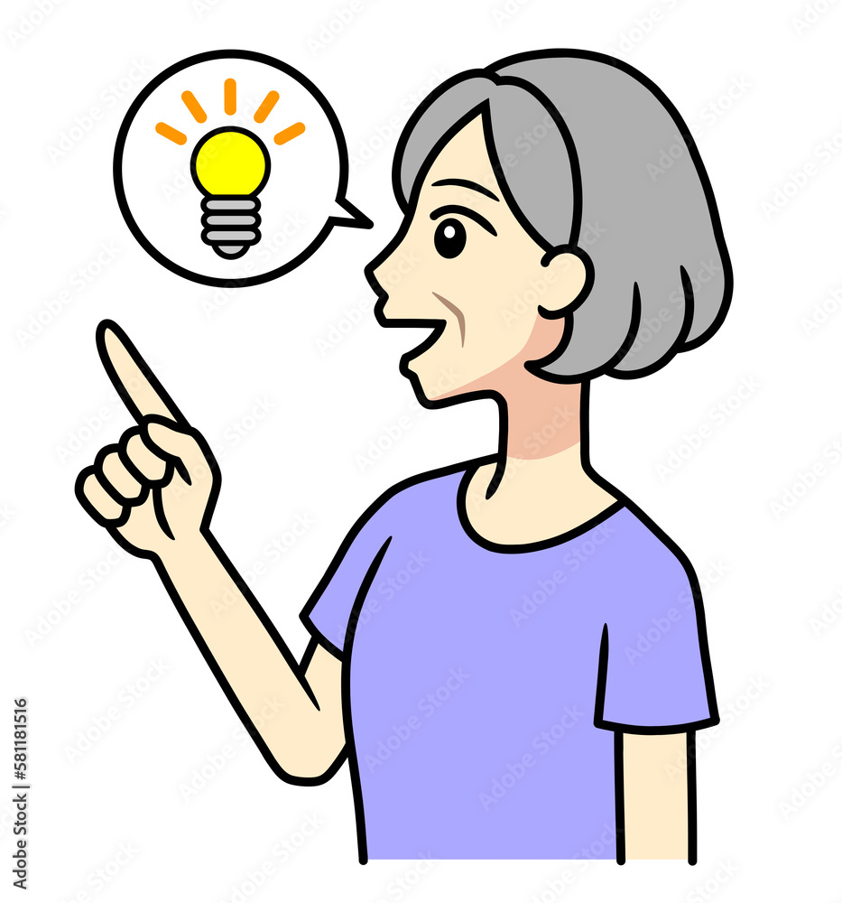 A senior woman pointing upward with a light bulb A senior woman pointing upward with a light bulb
