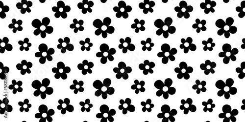 Black and white floral seamless pattern illustration. Vintage 70s style hippie flower background design. Y2k nature backdrop with daisy flowers.