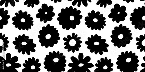 Black and white floral seamless pattern illustration. Vintage 70s style hippie flower background design. Y2k nature backdrop with daisy flowers.