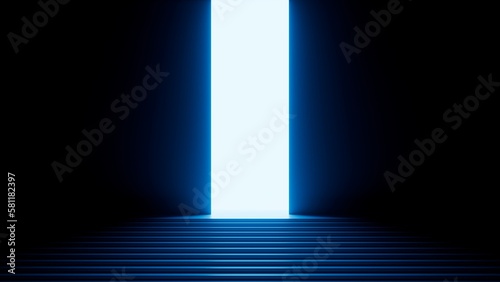 3d render, abstract minimalist blue geometric background. Bright neon light going through the vertical slot. Doorway portal glowing in the dark photo