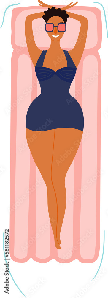 Young woman in swimsuit, floating on pool raft cute cartoon character illustration. Hand drawn flat style design, isolated PNG. Summer holidays, vacations, outdoors, beach activity, pool party element Young woman in swimsuit, floating on pool raft cute cartoon character illustration. Hand drawn flat style design, isolated PNG. Summer holidays, vacations, outdoors, beach activity, pool party element