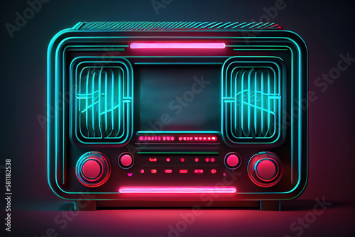 Glowing neon line Radio with antenna icon isolated on blue background. Vector Illustration. Generative Ai