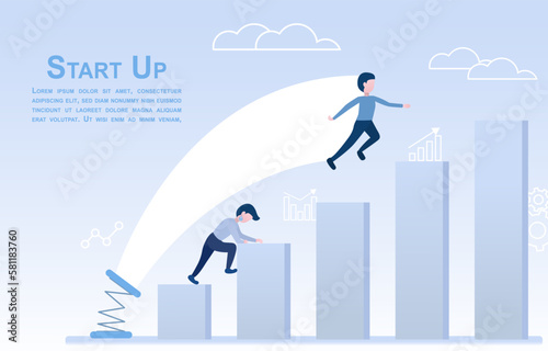 Business start up concept. Two people try to go up to the bar. One jump and one climb to success. Flat vector illustration.