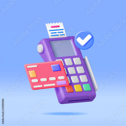 3D Payment Terminal with Card and Receipt Isolated. Render Modern POS Bank Payment Device. Payment NFC Keypad Machine. Credit Debit Card Reader. Contactless Payment Transaction Vector illustration