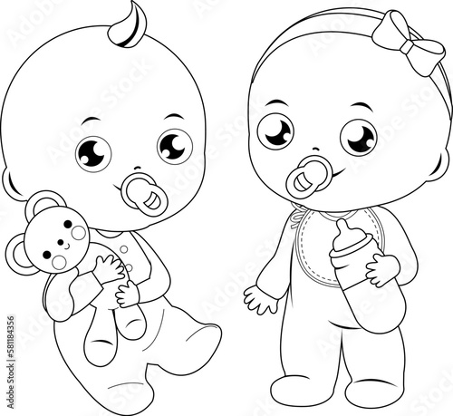 Baby girl and baby boy. Vector black and white coloring page.
