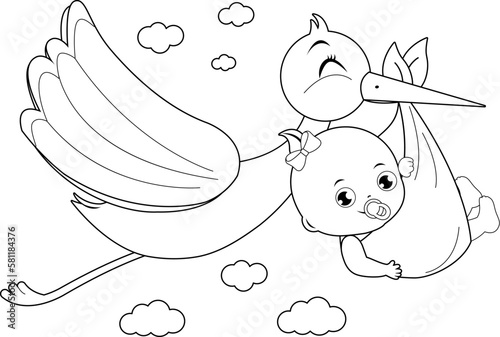 A stork bird flying in the sky and delivering a cute newborn baby girl. Vector black and white coloring page