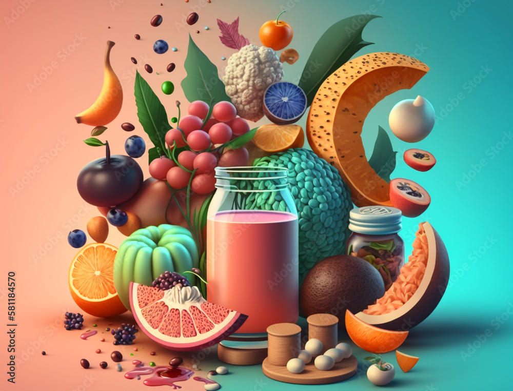 Ai mix food illustration with fresh fruits presentation, hydration healthy drinks, vessel. Concept of balanced diet, ingredients meals, health benefits nutrients vitamins. juices, copy space