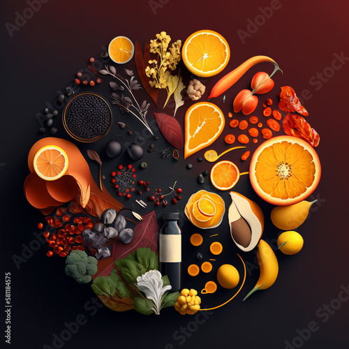 AI flat lay illustration with citrus, herbs, vegetables and seeds, ornamental presentation. Balanced diet Concept, whole ingredients  meals, health benefits nutrients, taking supplements tablets. Copy
