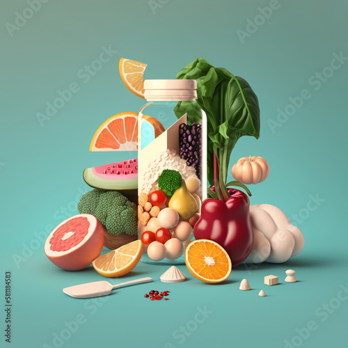 Ai mix food illustration with fresh fruits presentation, hydration healthy drinks, vessel. Concept of balanced diet, ingredients meals, health benefits nutrients vitamins, container of food,copy space