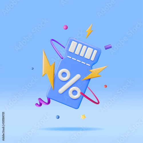 3d Coupon with Percent Symbol and Confetti Isolated. Render Discount Voucher or Coupon. Blank Ticket Shopping Paper. Promotional Offer Confirmation. Bonus Purchase, Gift Concept. Vector Illustration