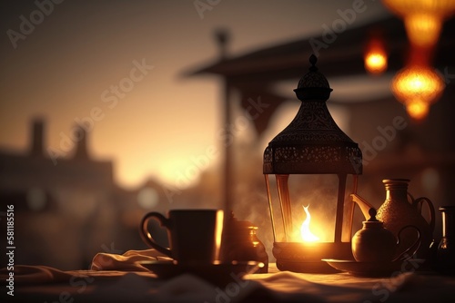 Silhouette Muslim man and woman making a supplication  salah sitting on desert sand Arab family and camel walking Islamic mosque at night with crescent moon and star  Ramadan Kareem background by ai