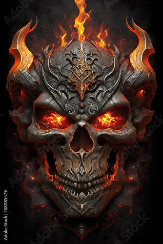 Conceptual illustration of a skull demon on fire