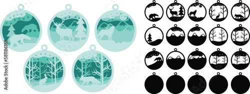 Chrismass boll with animals in forest. Laser cut for paper and wood photo