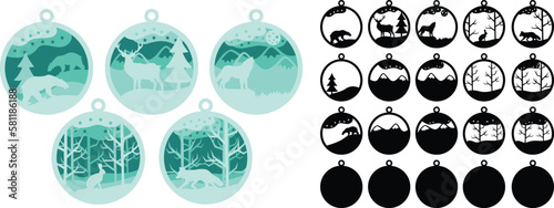 Chrismass boll with animals in forest. Laser cut for paper and wood