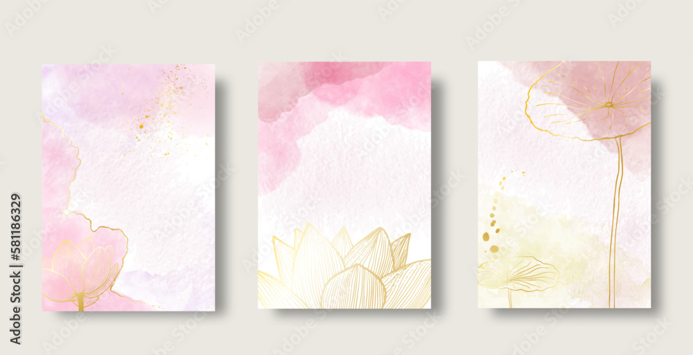 Abstract watercolor background vector. Luxury invitation card background with golden line and flower. Invite design for wedding and vip cover template.