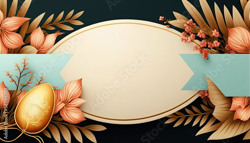 Black and gold spring frame banner with copy space, golden leaves and Easter egg generative ai background illustration