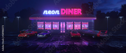 Fototapeta Naklejka Na Ścianę i Meble -  Neon diner and retro car late at night. Fog, rain and colour reflections on asphalt. 3d illustration