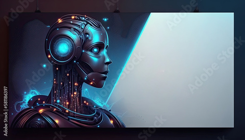 Future of robotics banner with copy space, androgynous  human like robot generative ai illustration 