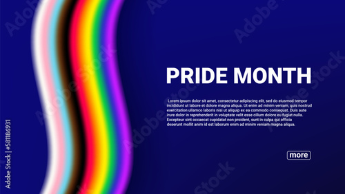 Pride Month banner concept. Vector illustration with new progressive Pride flag isolated on dark blue background. Template of web page for Pride Month events. LGBTQ banner. Progressive rainbow. photo